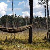 Bushmen Bushbed PRO Hammock in camo design set up between trees in a tranquil forest setting.